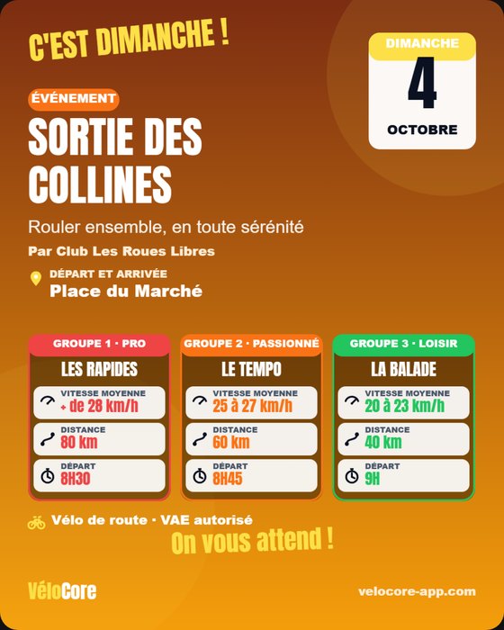 Exemple d'affiche de balade créée par VéloCore, avec trois groupes de départ